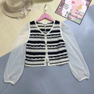 Striped Knit Vest Sheer Sleeve Blouse Top